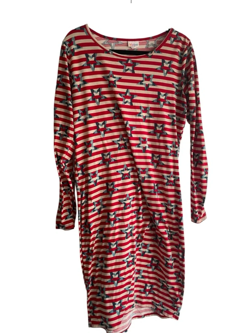 LuLaRoe Red and Navy Striped Star-Print Maxi Dress EUC - Picture 2 of 5